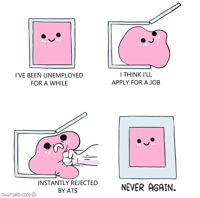 A comic from Corporate Absurdity showing a pink blob applying for a job and instantly rejected by ATS, then saying Never Again.