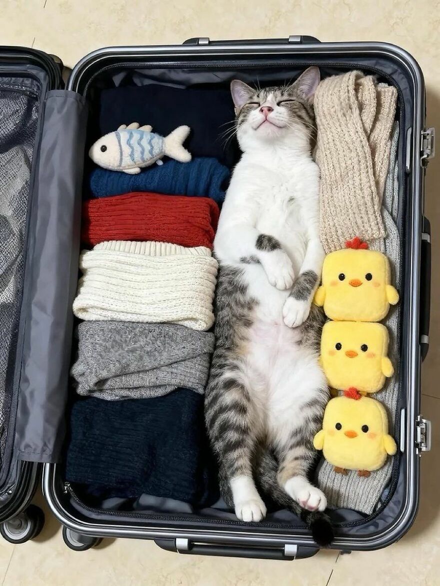 A relaxed cat lying in a suitcase full of clothes and toys, looking weird.