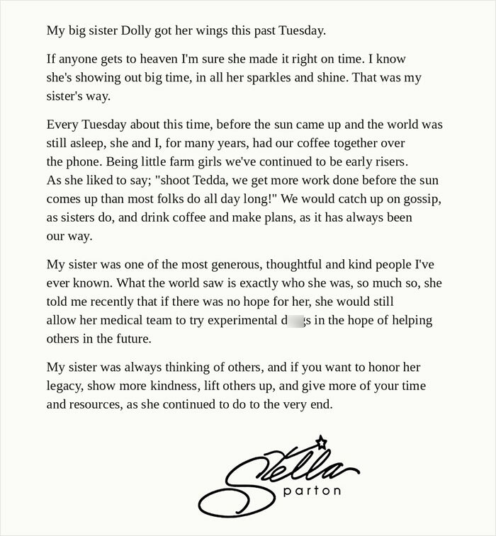 Letter from Stella Parton about Dolly Parton's kindness, revealing selfless offer to doctors during her cancer battle. Letter from Stella Parton about Dolly Parton's kindness, revealing selfless offer to doctors during her cancer battle.