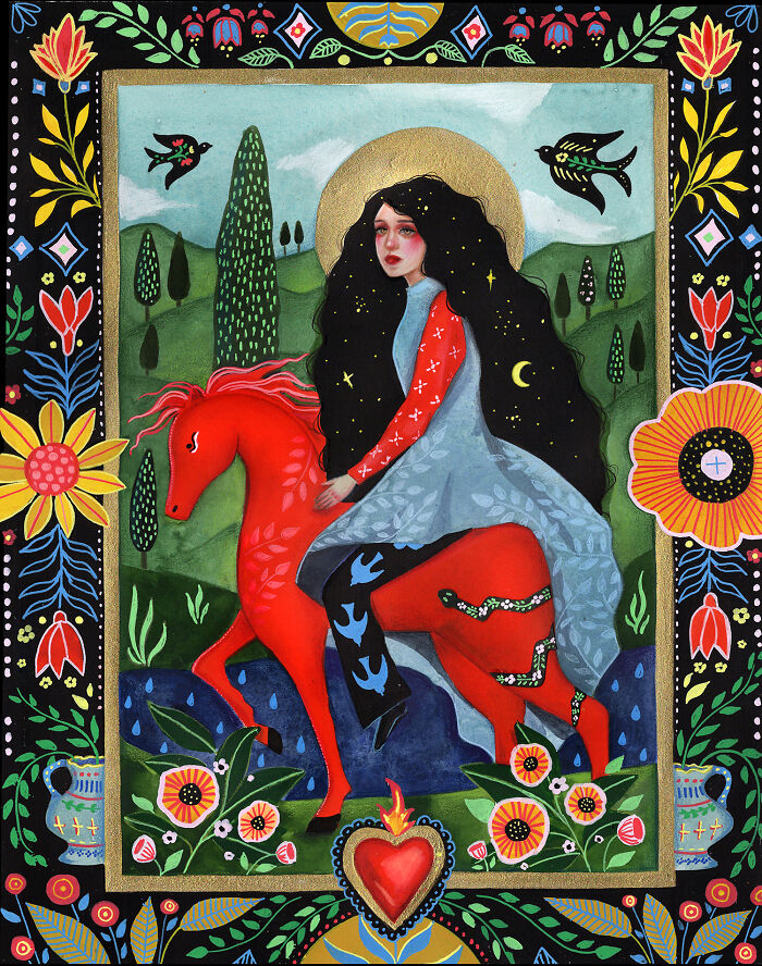 Aunia Kahn's folk-inspired artwork: a woman with flowing hair riding a red horse, surrounded by traditional symbolism and imagination.