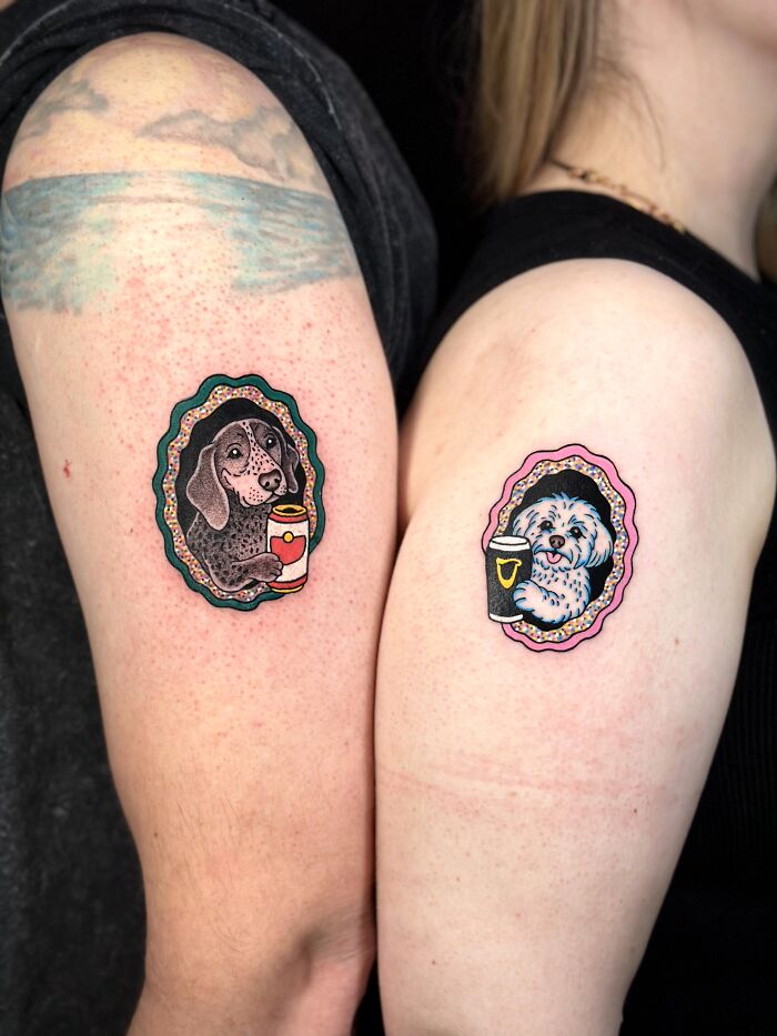 Matching ink ideas: two people showcasing matching pet portrait tattoos on their arms.