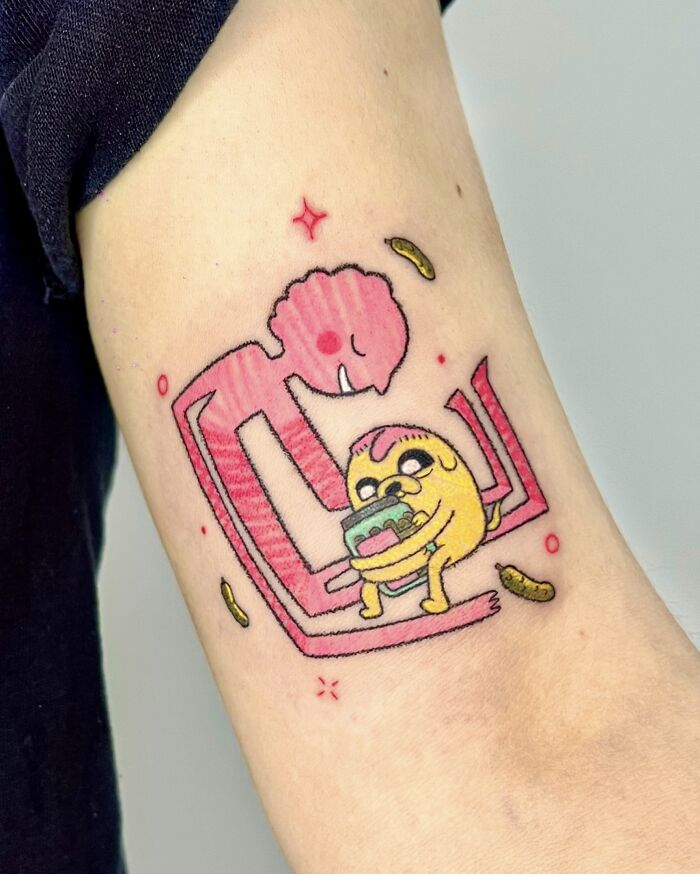Whimsical crayon drawing-style tattoo featuring Adventure Time characters, reflecting childhood creativity.