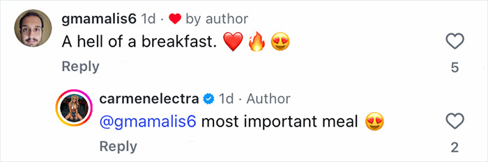 Comment praising Carmen Electra's breakfast with heart and fire emojis Comment praising Carmen Electra's breakfast with heart and fire emojis