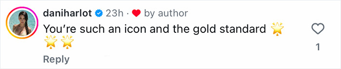 A social media comment calling Carmen Electra an icon and gold standard. A social media comment calling Carmen Electra an icon and gold standard.
