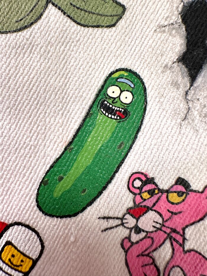 Close-up of Pickle Rick and Pink Panther characters, part of the pop culture that shaped Gen-Z's childhood.