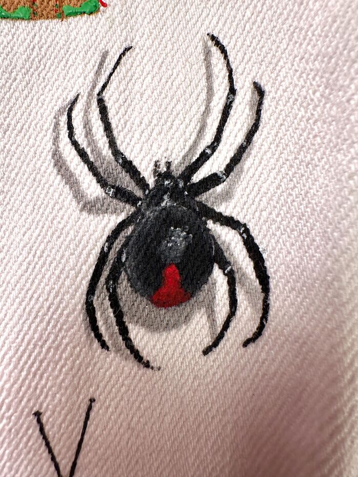 A black widow spider detail on a pop culture jacket. This jacket shows pop culture that shaped Gen-Z's childhood.