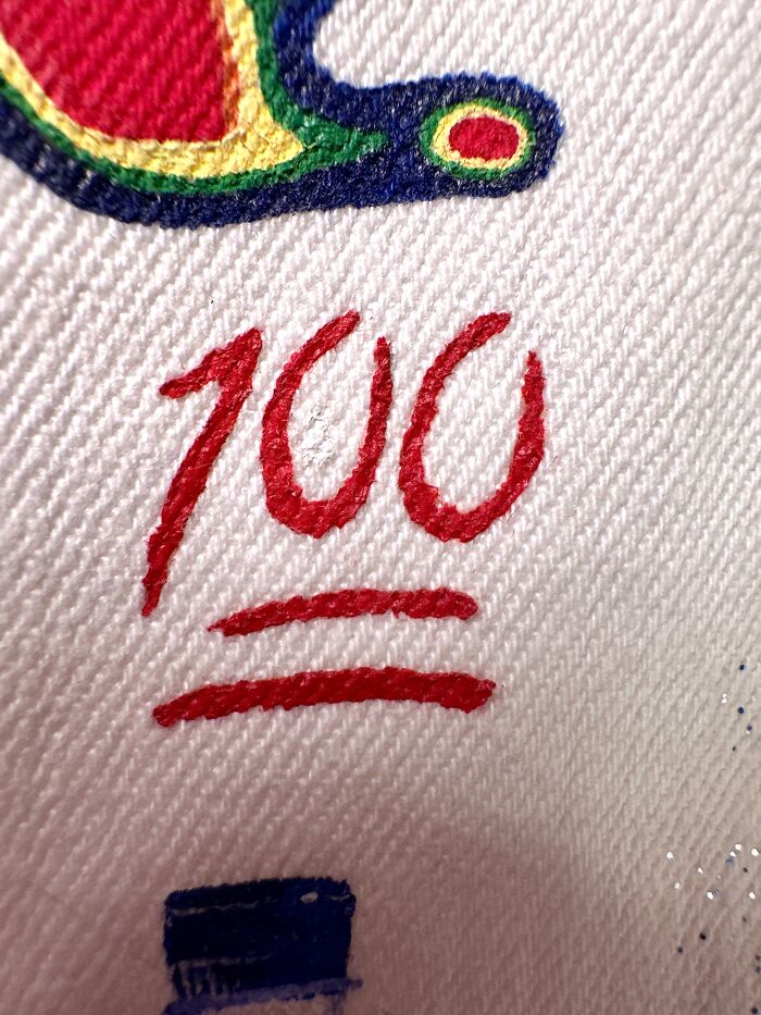 A 100 points emoji detail on a pop culture jacket. This jacket shows pop culture that shaped Gen-Z's childhood.