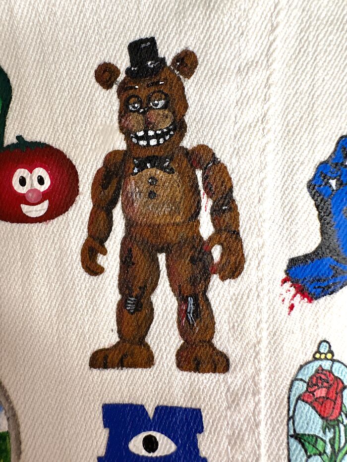 Freddy Fazbear from Five Nights at Freddy's embroidered on a pop culture jacket, representing Gen-Z childhood.