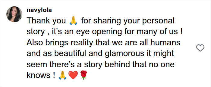 A social media comment from navylola expressing gratitude for sharing a personal story about illegal plastic surgery. A social media comment from navylola expressing gratitude for sharing a personal story about illegal plastic surgery.