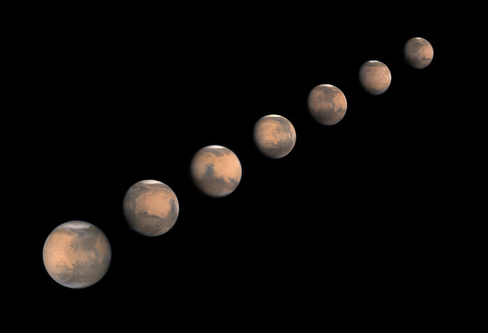 A sequence of Mars in various phases of its orbit in an astronomy photo from the ZWO Shortlist.