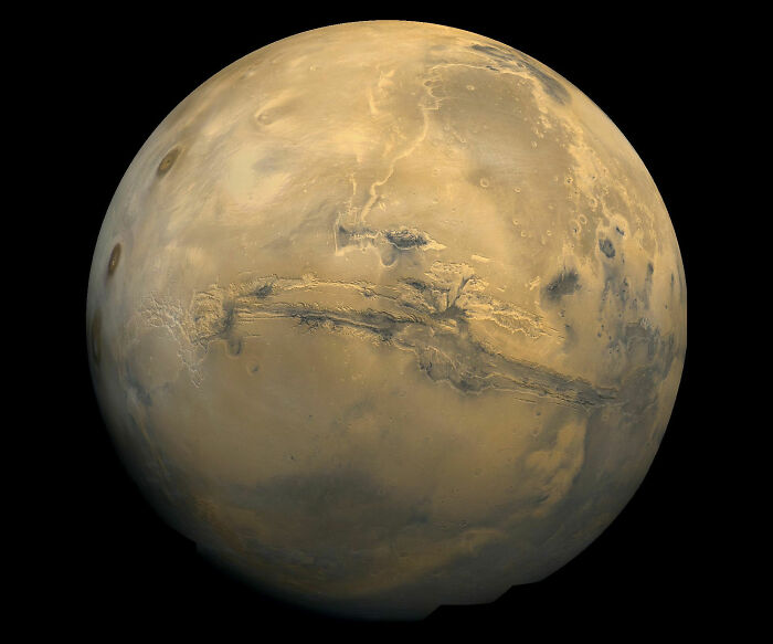 Full view of the planet Mars, showcasing its reddish-brown surface and prominent geographical features. No jellyfish. Full view of the planet Mars, showcasing its reddish-brown surface and prominent geographical features. No jellyfish.