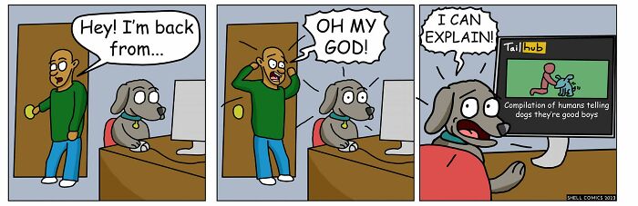 A relatable comic strip humorously showing a dog watching a 'TailHub' video titled Compilation of humans telling dogs they're good boys.