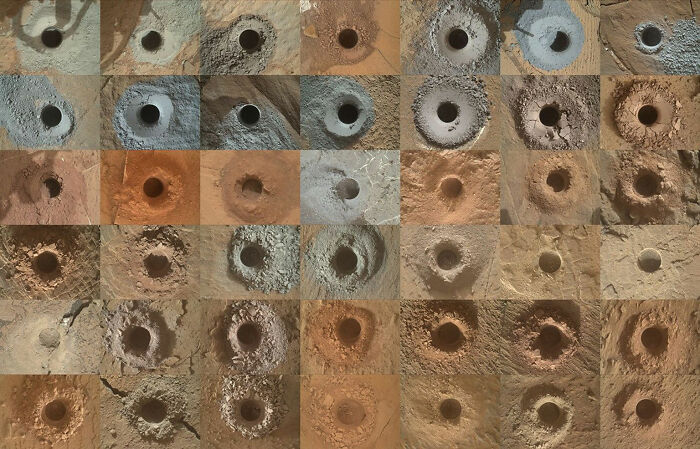 A grid of multiple drill holes on the surface of Mars, part of the context for the jellyfish spotted in NASA Mars photos. A grid of multiple drill holes on the surface of Mars, part of the context for the jellyfish spotted in NASA Mars photos.