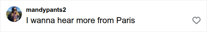 A social media comment from mandypants2 expressing a desire to hear more from Paris Jackson. A social media comment from mandypants2 expressing a desire to hear more from Paris Jackson.