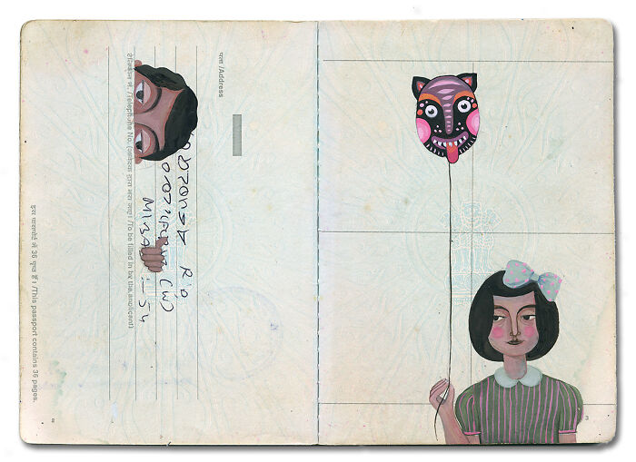 Artist transformed a late father’s passport into a beautiful memory capsule featuring a girl holding a balloon and a peeking face.