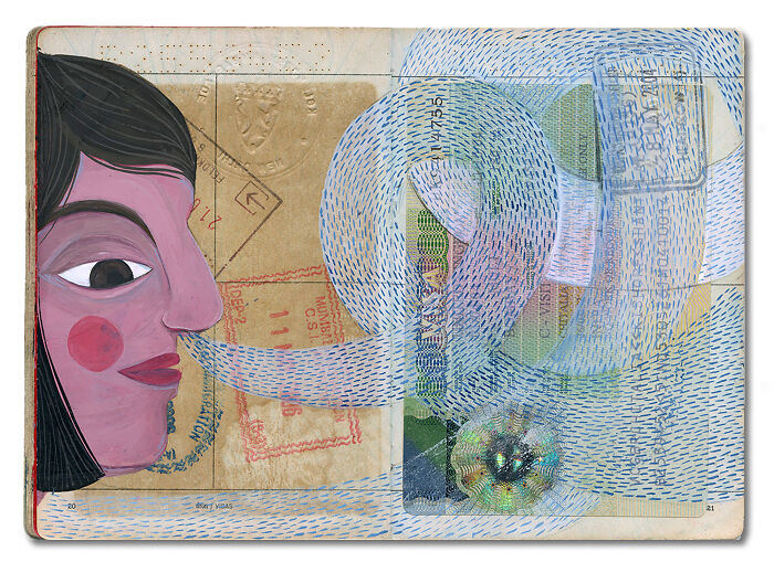 Artist transforms father's passport into a memory capsule, with a woman's profile and swirling blue patterns.