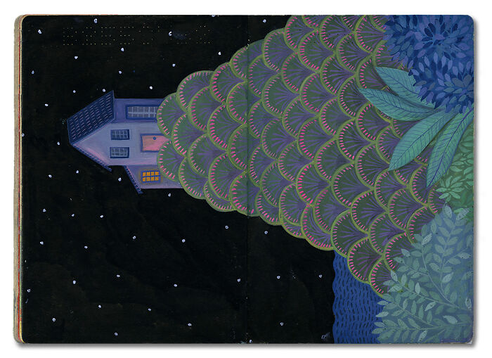 A beautiful memory capsule artwork: a house with a patterned roof floating in a starry night, surrounded by trees.