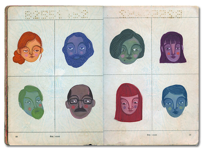 A beautiful memory capsule artwork: a passport page filled with various hand-drawn, colorful faces.