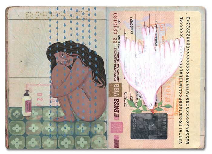 A beautiful memory capsule artwork: a crying woman in a shower on a passport page with visa stamps.