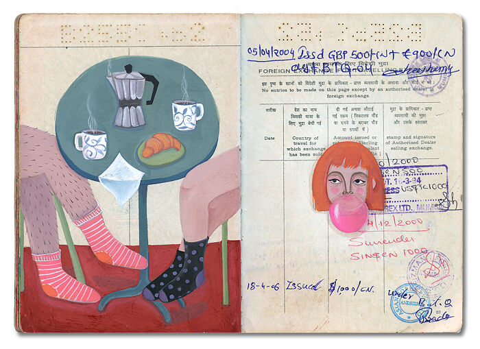 A beautiful memory capsule artwork: two people sharing coffee and a croissant on a passport page, with a bubblegum-blowing woman.