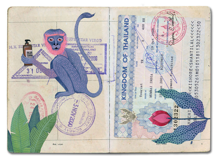 Artist transformed a late father’s passport into a beautiful memory capsule with a blue monkey holding a bottle, surrounded by visa stamps.