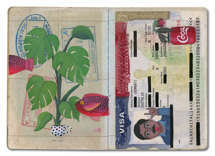 Artist transformed a late father’s passport into a beautiful memory capsule, showing a plant, red fish, and a man on a US visa page.