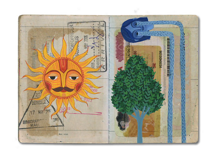 Artist transformed a late father’s passport into a beautiful memory capsule with a sun, tree, and abstract blue streams from eyes.