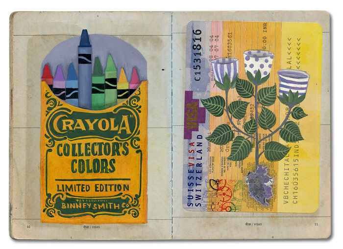 A beautiful memory capsule created from a father's passport, featuring a Crayola crayon box and abstract floral art.
