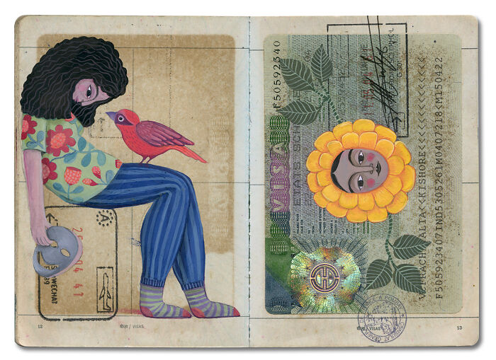 A beautiful memory capsule artwork: a person with a red bird on their lap, next to a passport page with a sunflower face.