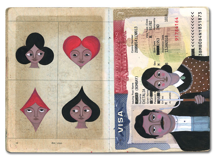 Artist transforms father's passport into a memory capsule, featuring playing card suits and family portraits.