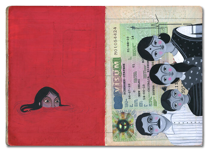 Artist transforms father's passport into a memory capsule, depicting family members and a figure submerged in red.