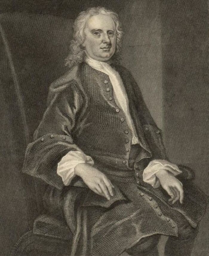 An aged engraving of a historical figure, possibly a scientist or scholar, with a distinguished wig, relevant to historical documents.