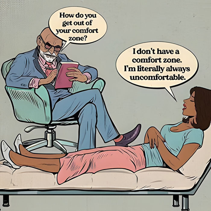 A cartoon of a therapist and patient, a neurodivergent brain meme about never having a comfort zone.