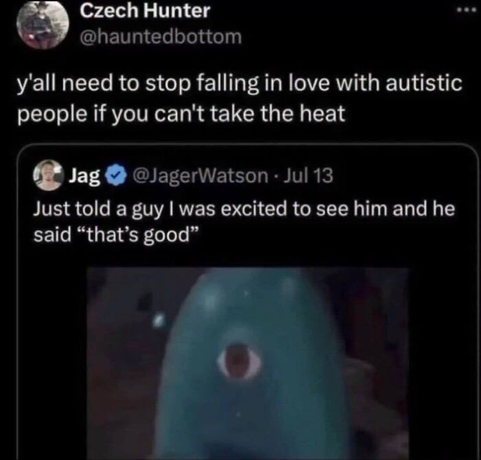 A neurodivergent brain meme about falling in love with autistic people and taking the heat.