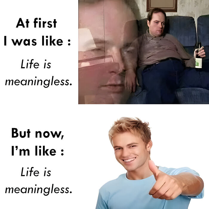 Neurodivergent brain meme showing emotional shift from sadness to cheerful acceptance of meaningless life.