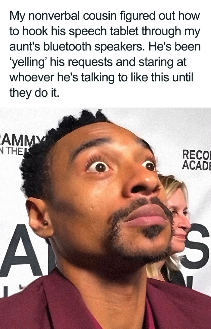 A meme of a man with wide eyes, expressing a reaction to a neurodivergent brain situation, highlighting humor.
