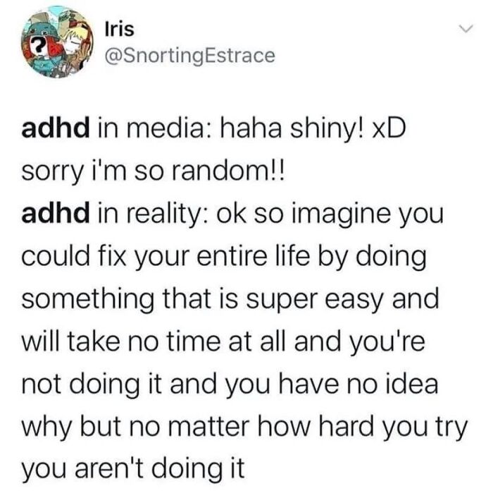 A neurodivergent meme illustrating ADHD in media vs. ADHD in reality.