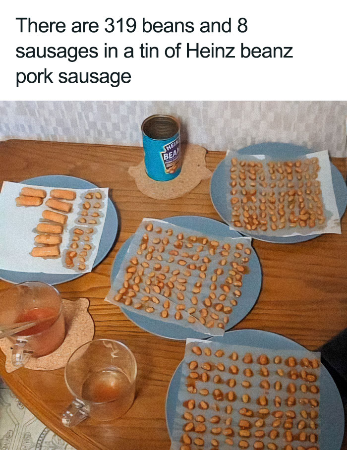 A neurodivergent meme showing a meticulous count of beans and sausages from a can, laid out on plates.