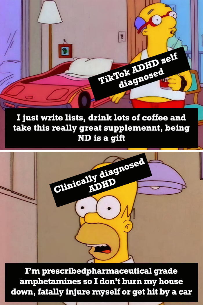 A neurodivergent meme contrasting self-diagnosed ADHD with clinically diagnosed ADHD using Simpsons characters.