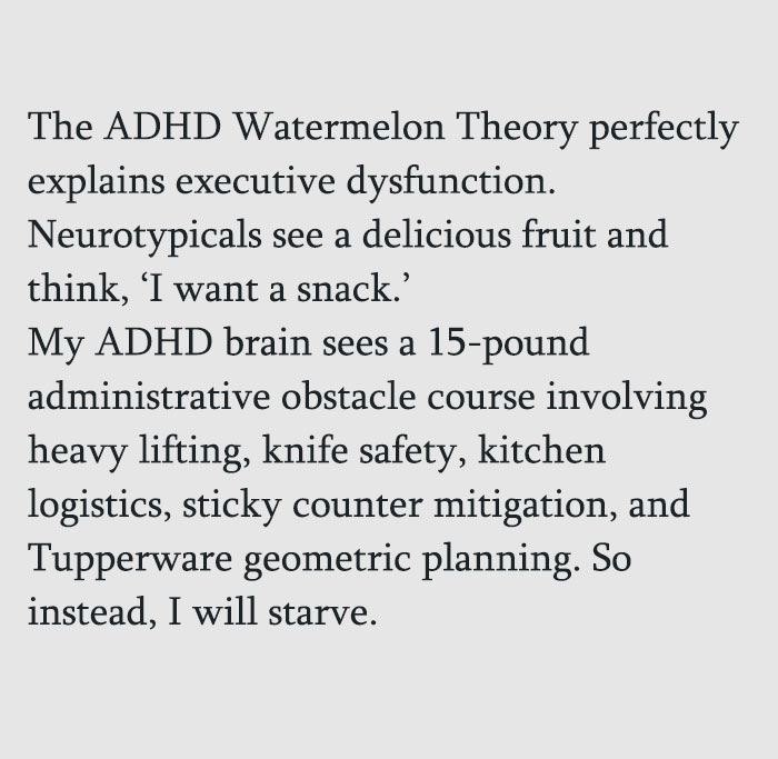 A neurodivergent meme explaining the ADHD watermelon theory and executive dysfunction for an ADHD brain.