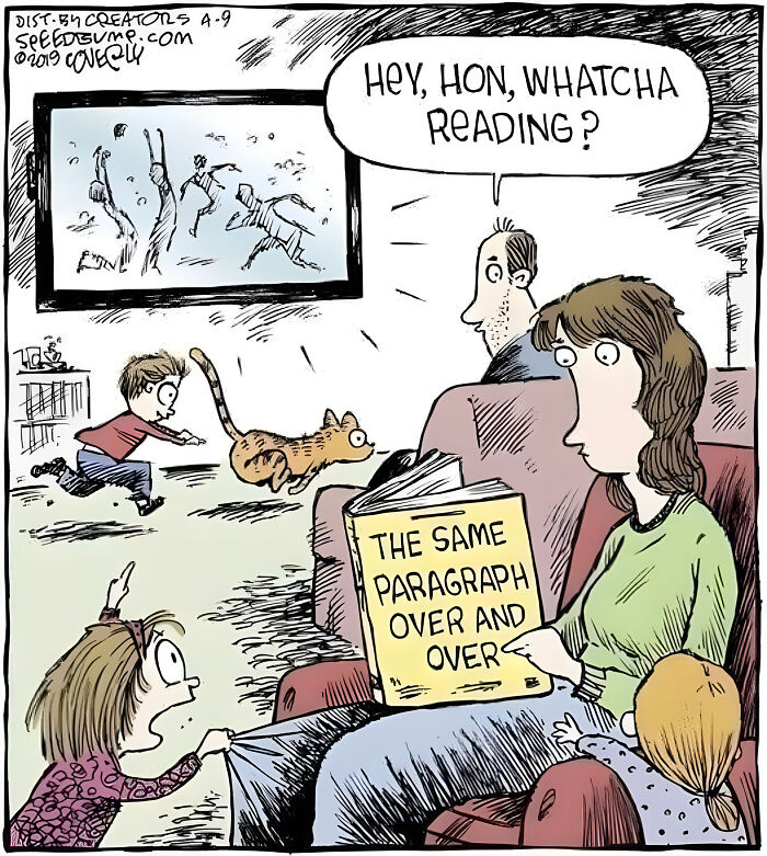 A comic meme depicting a neurodivergent brain struggling to read a paragraph while distractions abound.