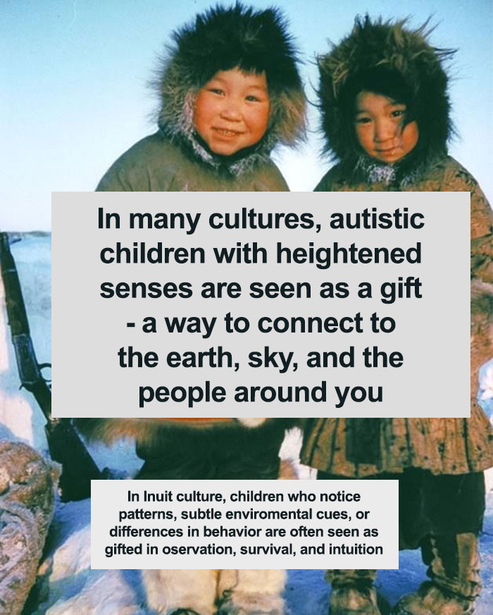 An image of two children in Inuit clothing with text about autistic children with heightened senses being a gift in many cultures.