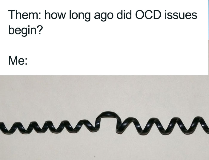 A neurodivergent brain meme showing a tangled phone cord to represent when OCD issues began.
