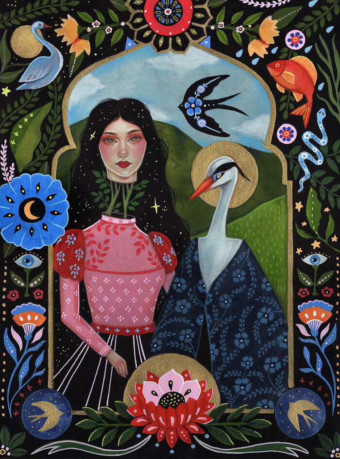 Imaginative Aunia Kahn folk-inspired artwork with a woman, a swan, and mystical creatures in a scene rich with symbolism.