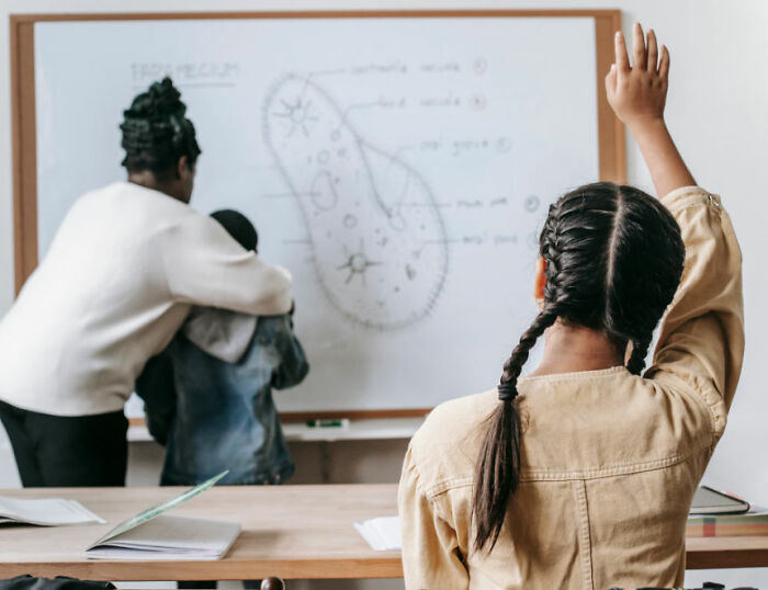 A student in a classroom raises her hand during a biology class, a teacher and another student are by a whiteboard.
