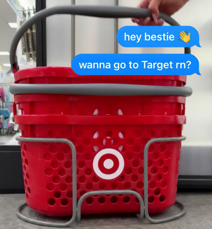A hand holding a red Target shopping basket with text bubble memes inviting a friend to Target. A hand holding a red Target shopping basket with text bubble memes inviting a friend to Target.