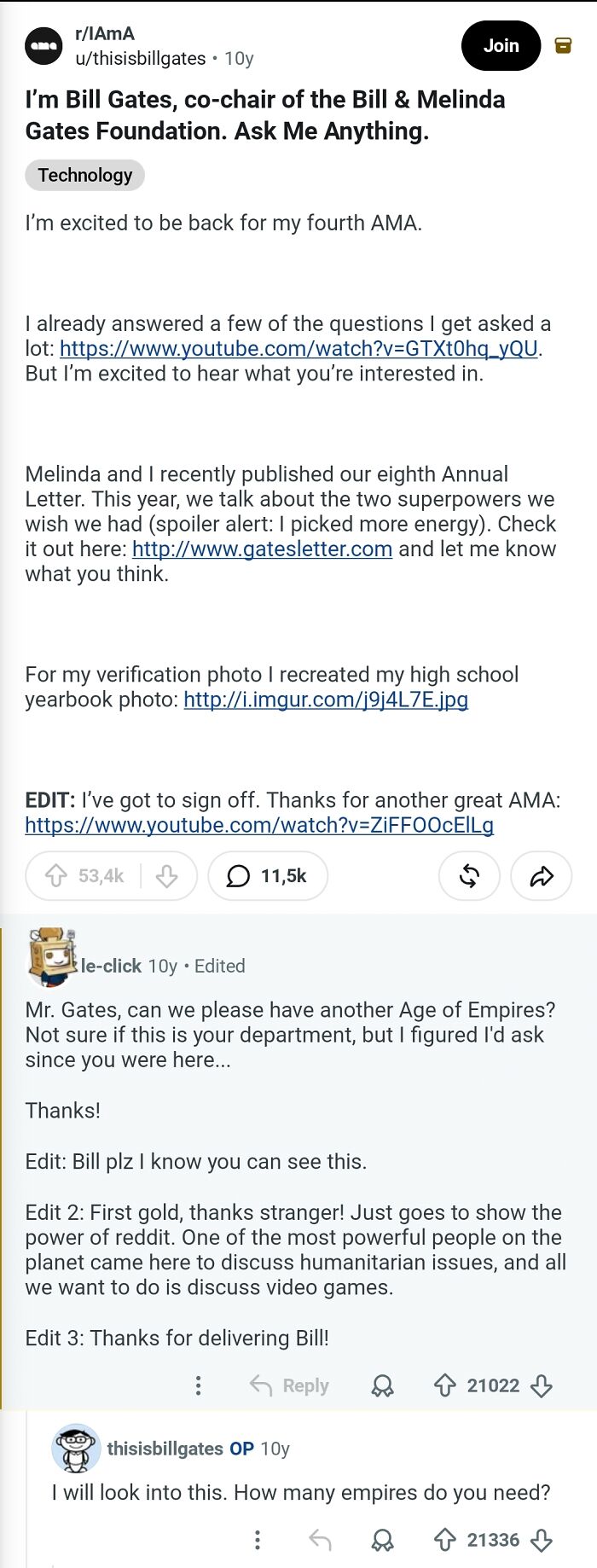 Screenshot of Bill Gates AMA on Reddit, sharing details and answering questions about his foundation, a Hall of Fame comment.