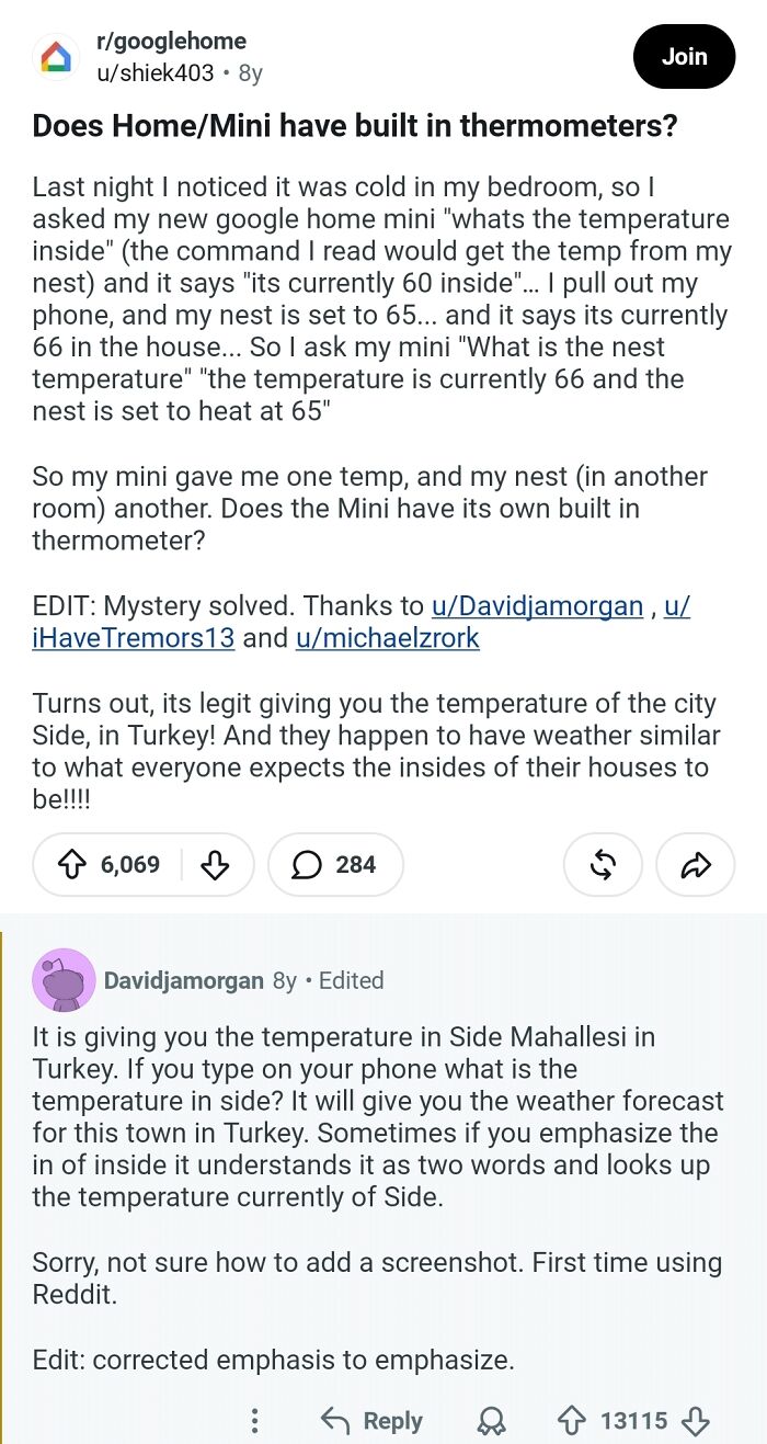 A user asks if Google Home/Mini has built-in thermometers, leading to a Hall of Fame explanation about location-based weather.