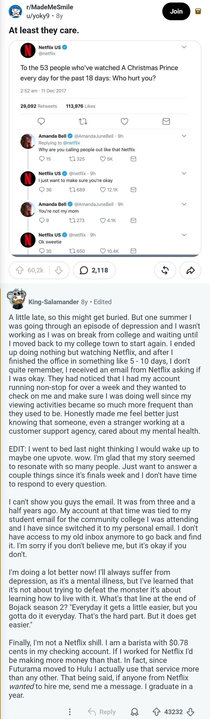 A user shares their story about Netflix's impact on their mental health, a heartfelt Reddit comment for the Hall of Fame.