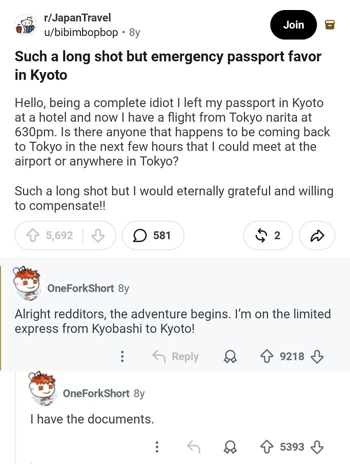 Reddit post seeking help for an emergency passport favor in Kyoto, highlighting quick thinking and community support.
